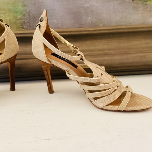 Ann Taylor Holly Gladiator Hight heels Beige Snakeskin 7.5 M Neutral Summer FLAW - Picture 4 of 16